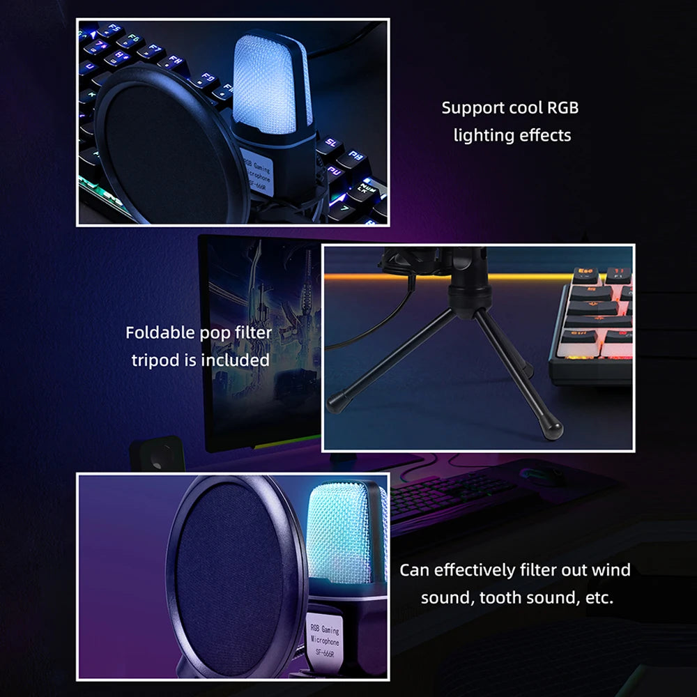 Black RGB multifunctional microphone W/ USB, shock mount & 7 luminous colors