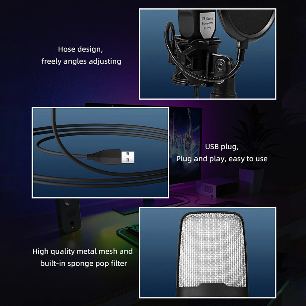 Black RGB multifunctional microphone W/ USB, shock mount & 7 luminous colors