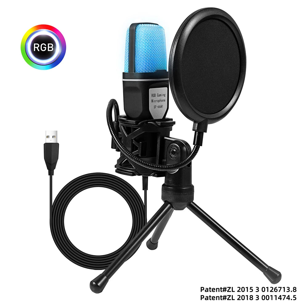 Black RGB multifunctional microphone W/ USB, shock mount & 7 luminous colors