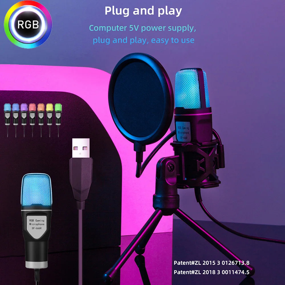 Black RGB multifunctional microphone W/ USB, shock mount & 7 luminous colors
