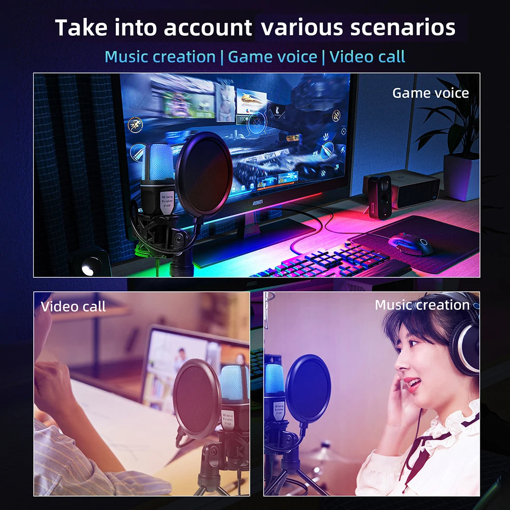 Black RGB multifunctional microphone W/ USB, shock mount & 7 luminous colors