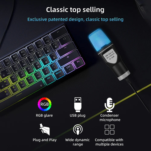 Black RGB multifunctional microphone W/ USB, shock mount & 7 luminous colors